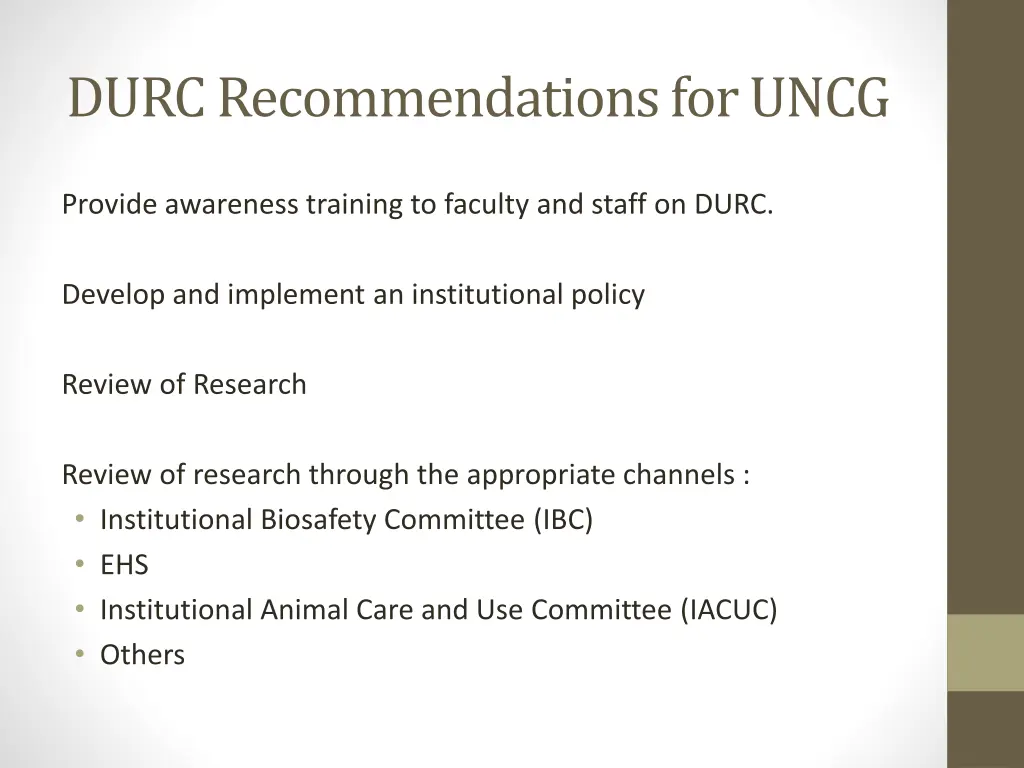 durc recommendations for uncg