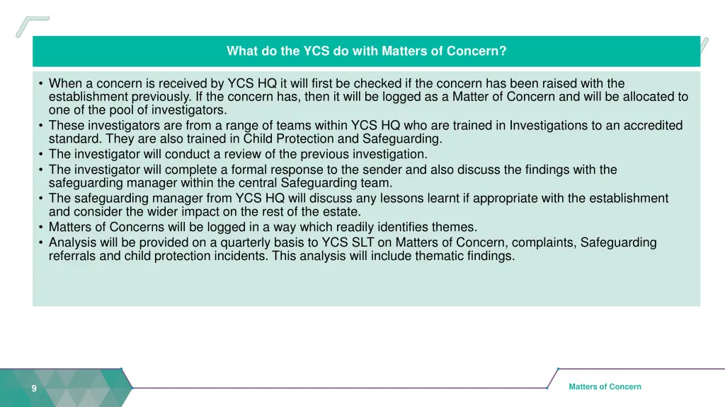 what do the ycs do with matters of concern