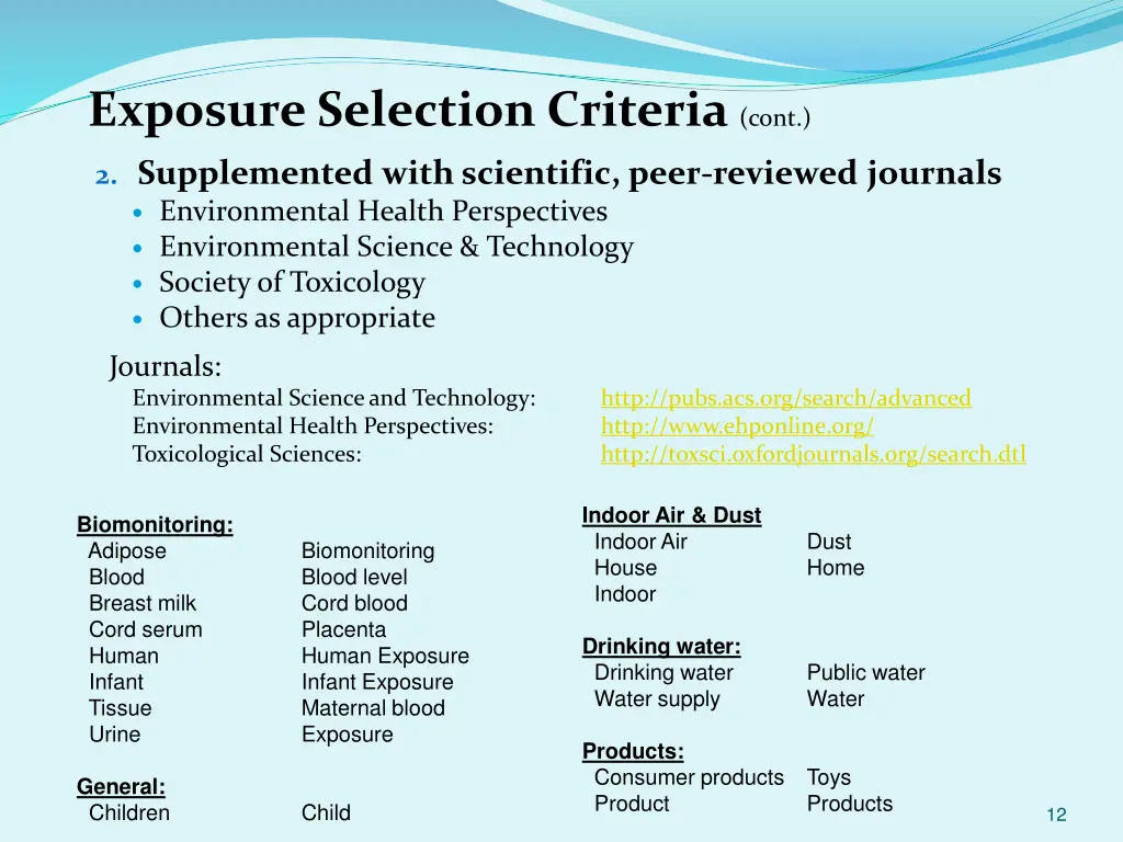 exposure selection criteria cont