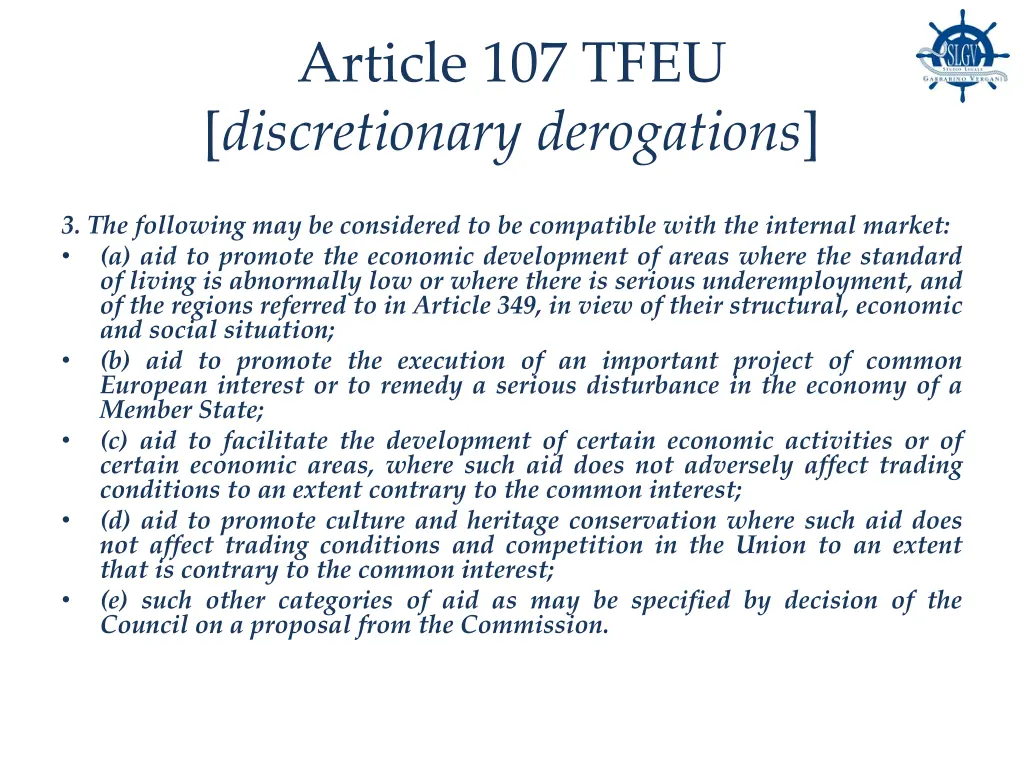 article 107 tfeu discretionary derogations