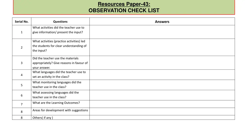 resources paper 43 observation check list