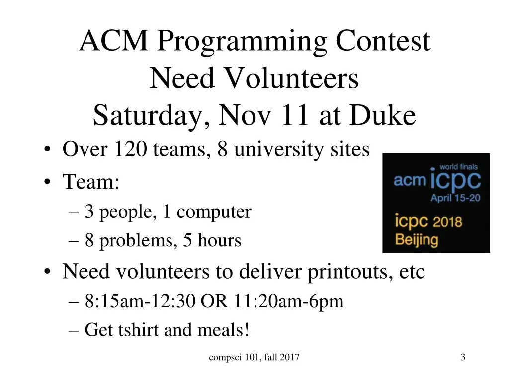 acm programming contest need volunteers saturday