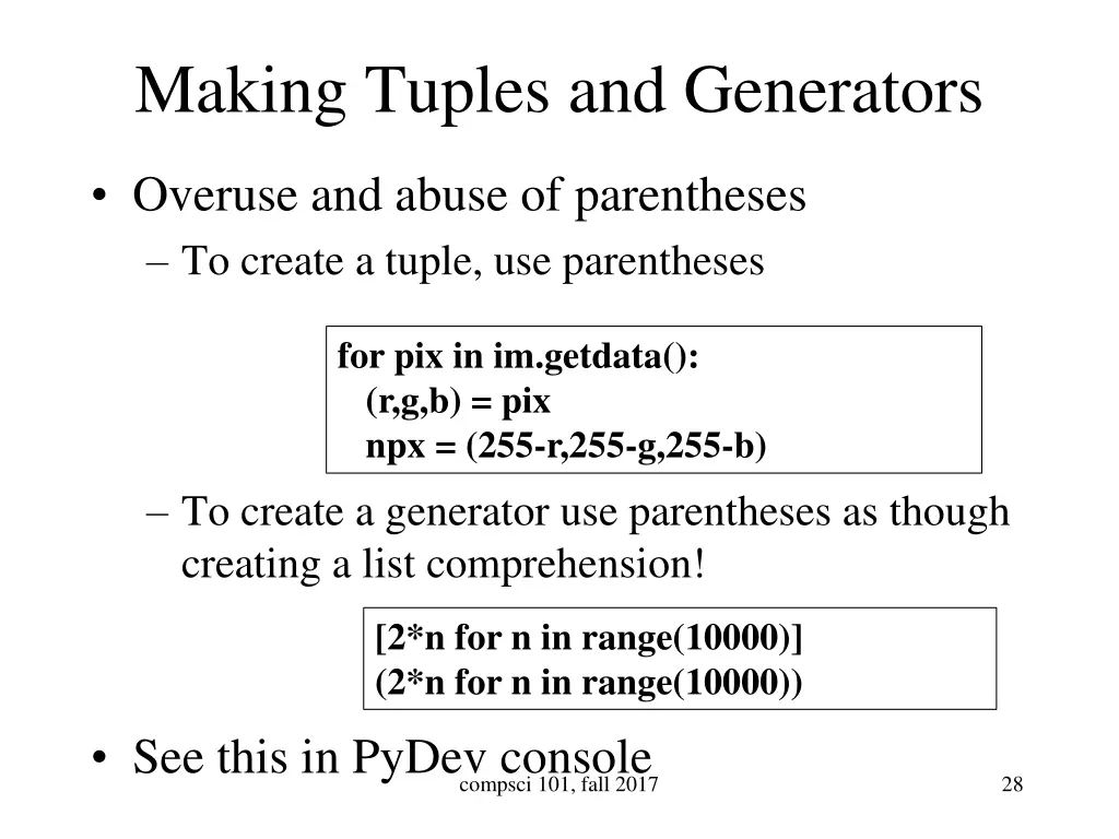 making tuples and generators