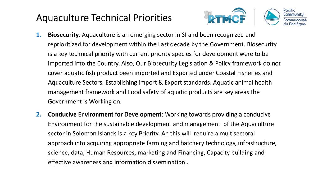 aquaculture technical priorities