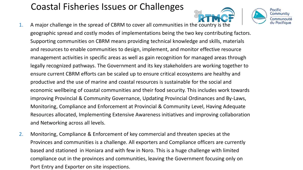 coastal fisheries issues or challenges