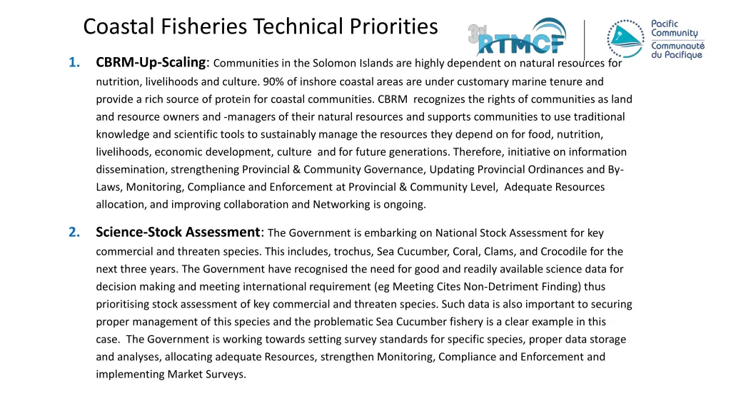 coastal fisheries technical priorities