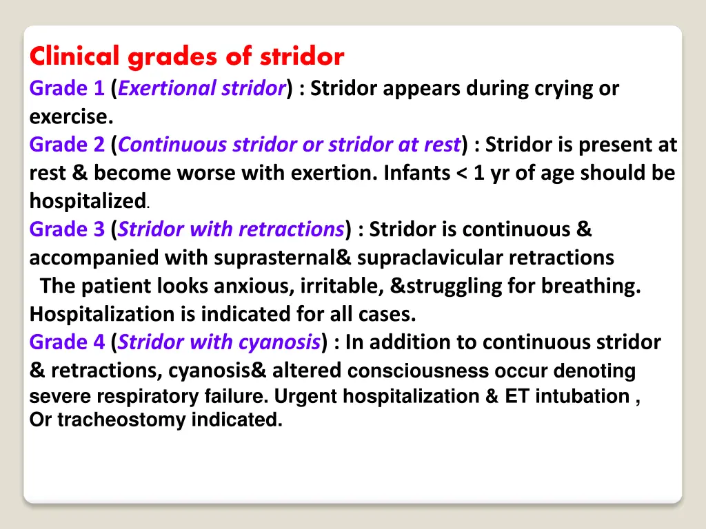 clinical grades of stridor grade 1 exertional