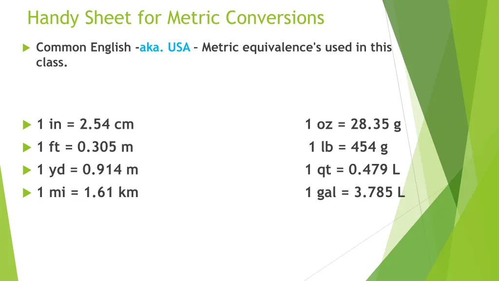 handy sheet for metric conversions