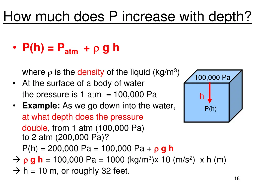 how much does p increase with depth