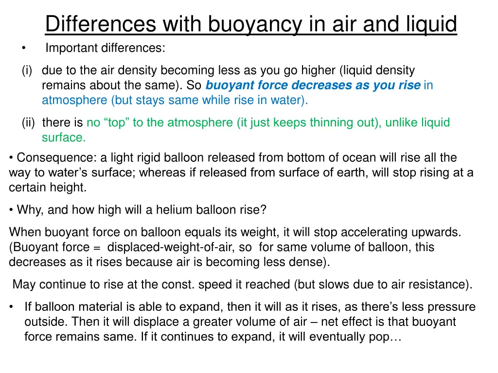 differences with buoyancy in air and liquid