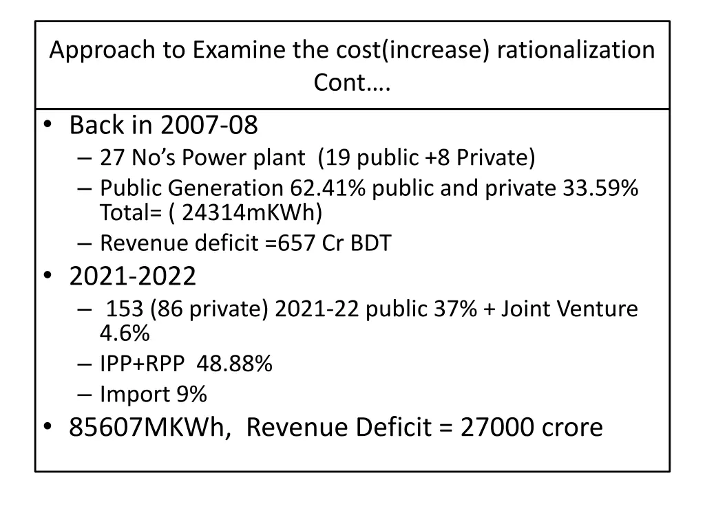 approach to examine the cost increase