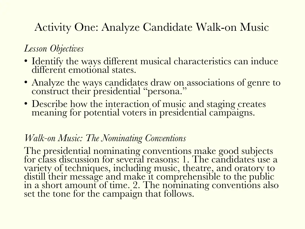 activity one analyze candidate walk on music