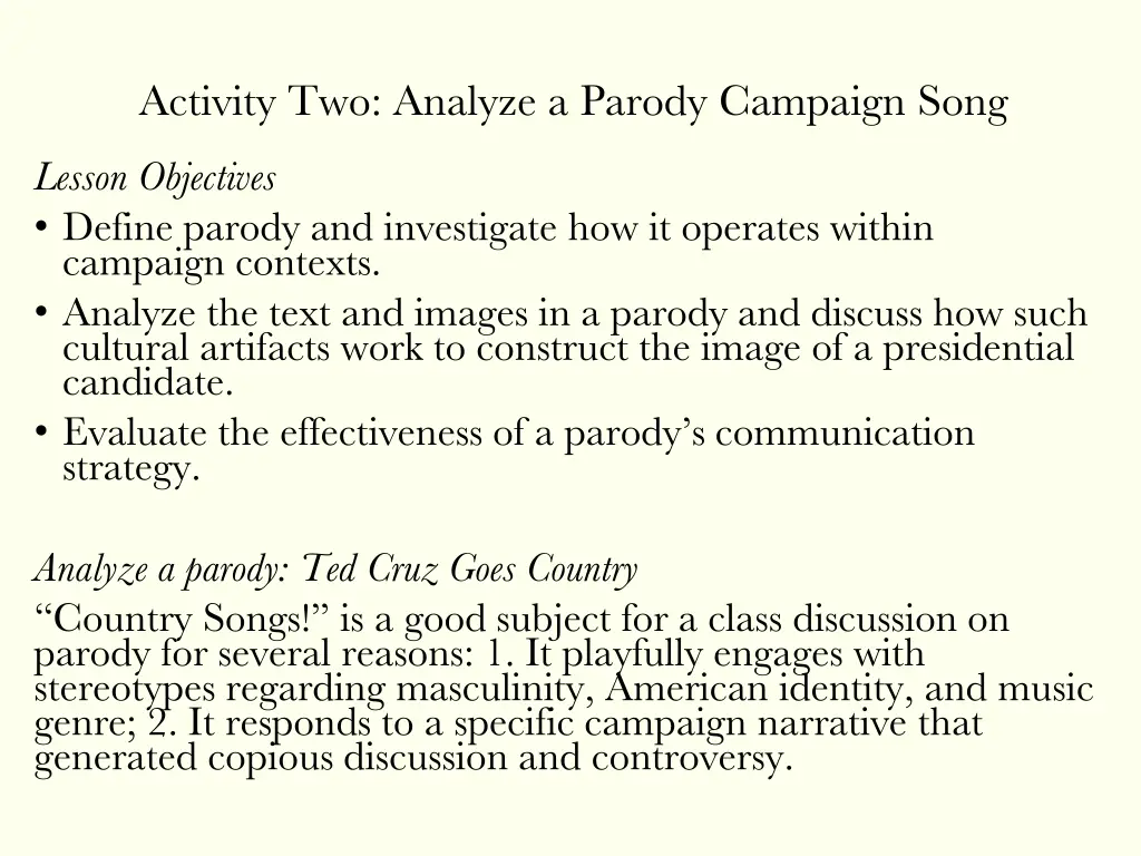 activity two analyze a parody campaign song