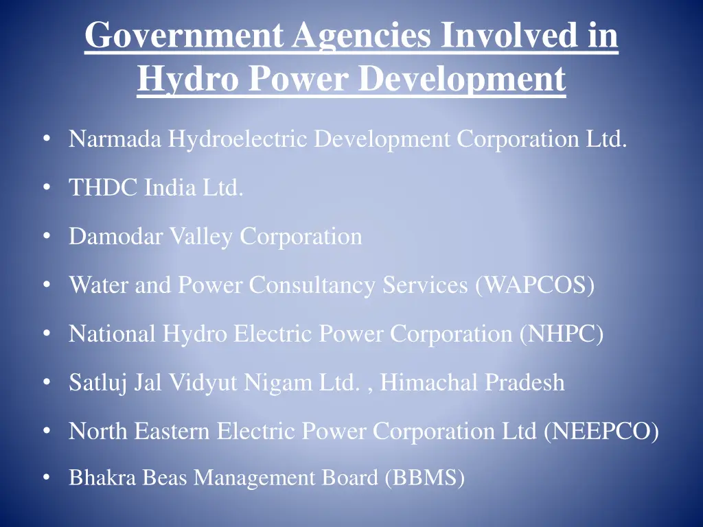 government agencies involved in hydro power