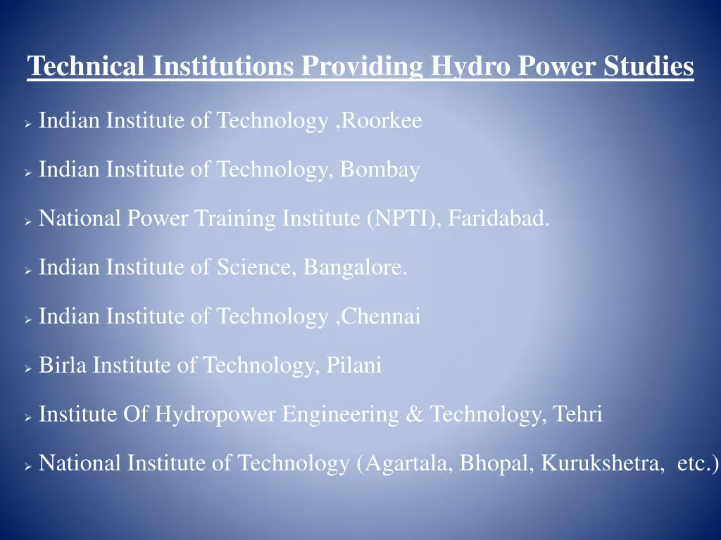 technical institutions providing hydro power