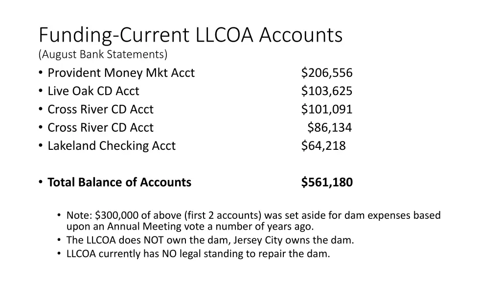 funding current llcoa accounts august bank