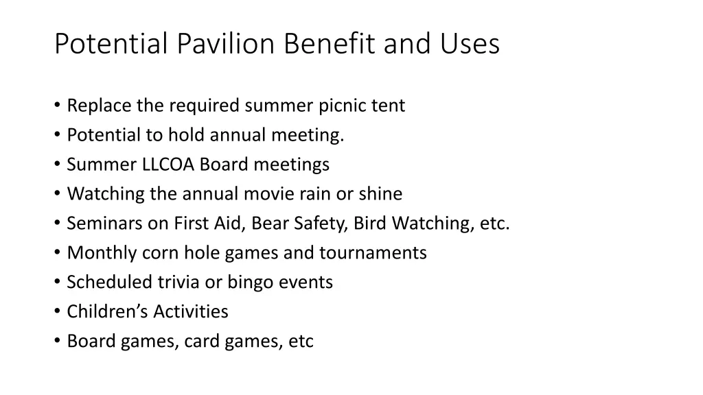 potential pavilion benefit and uses