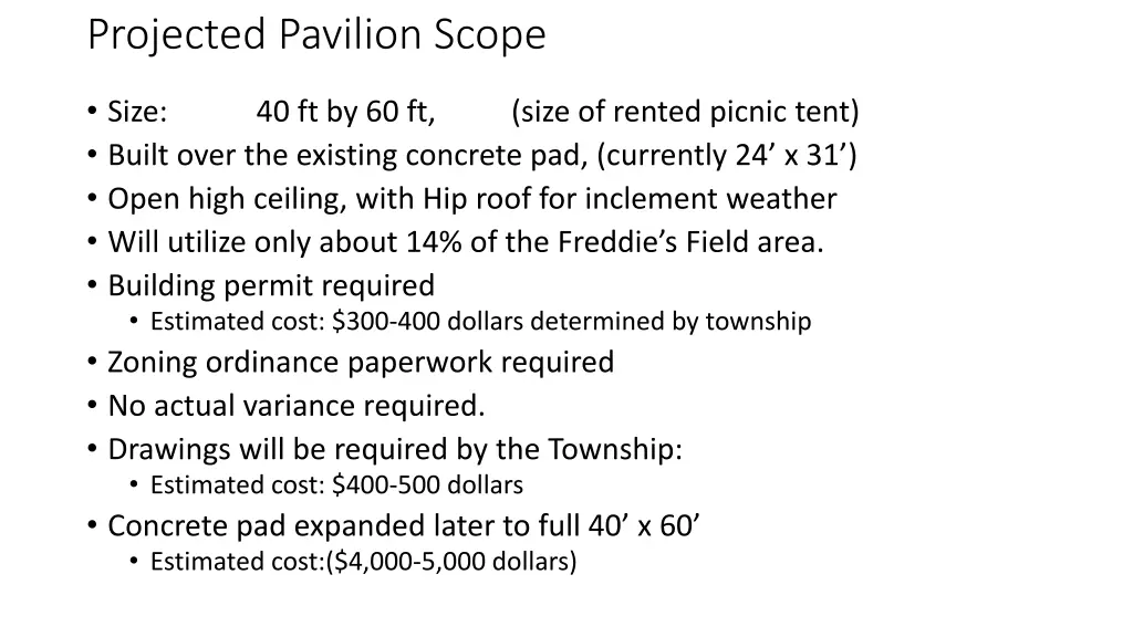 projected pavilion scope