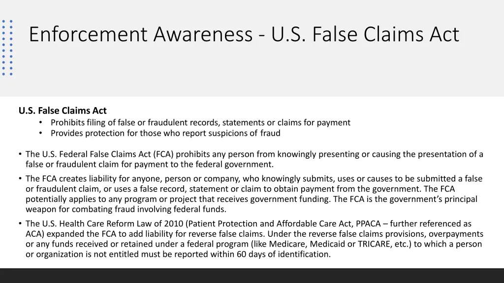 enforcement awareness u s false claims act