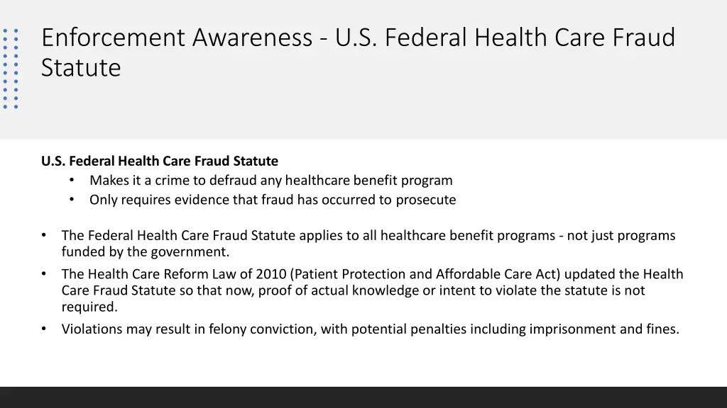 enforcement awareness u s federal health care