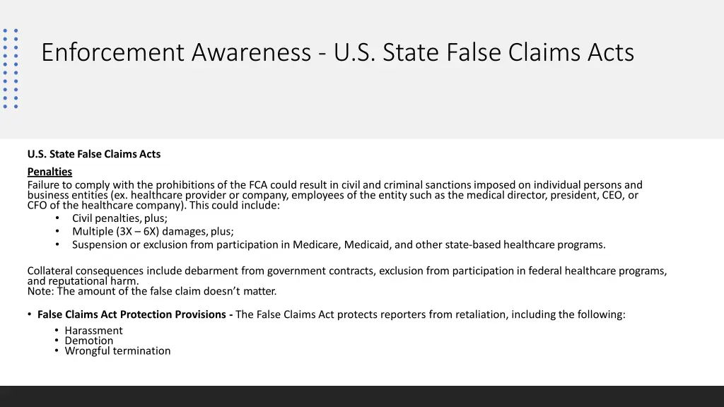 enforcement awareness u s state false claims acts