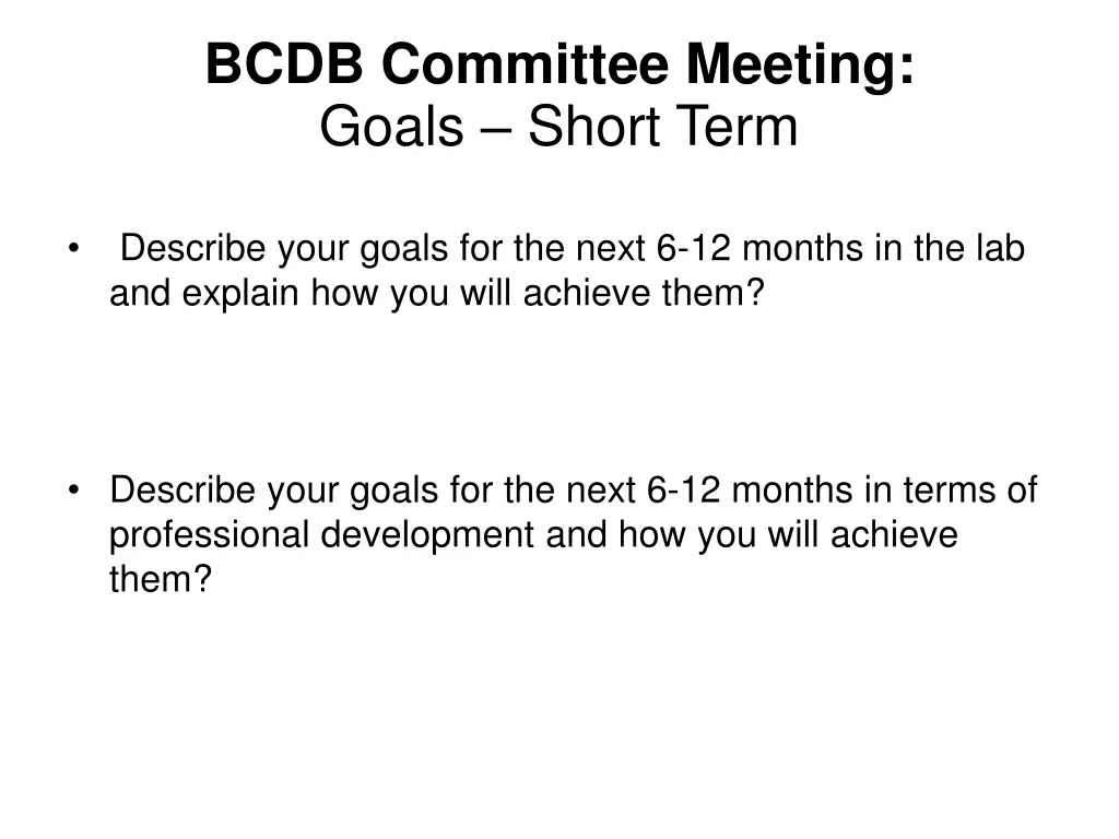 bcdb committee meeting goals short term