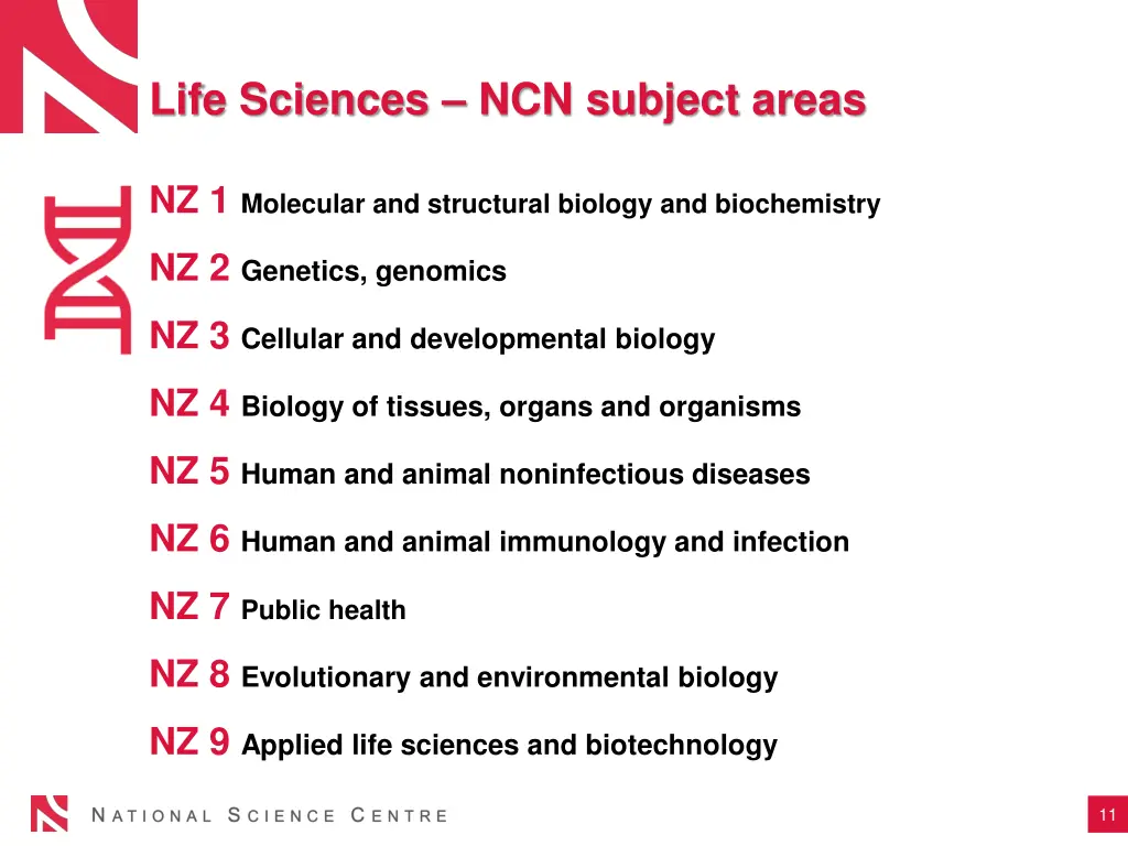 life sciences ncn subject areas