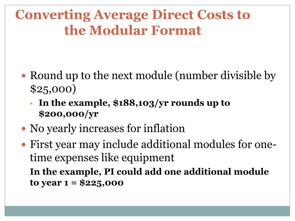 converting average direct costs to the modular