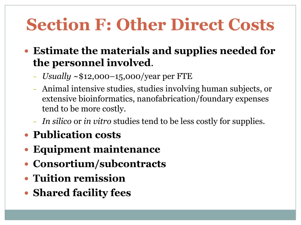 section f other direct costs