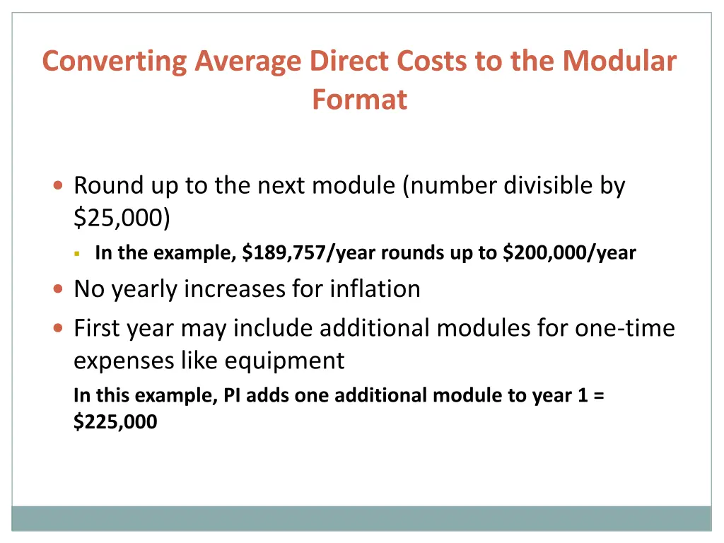 converting average direct costs to the modular