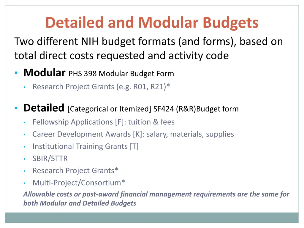 detailed and modular budgets