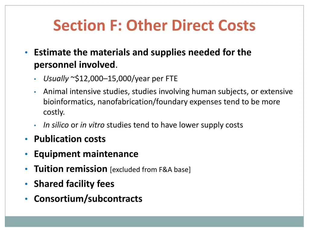 section f other direct costs