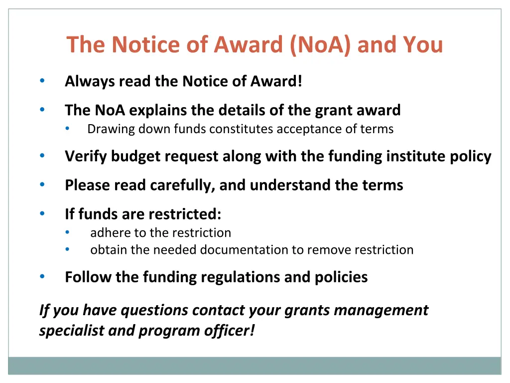 the notice of award noa and you