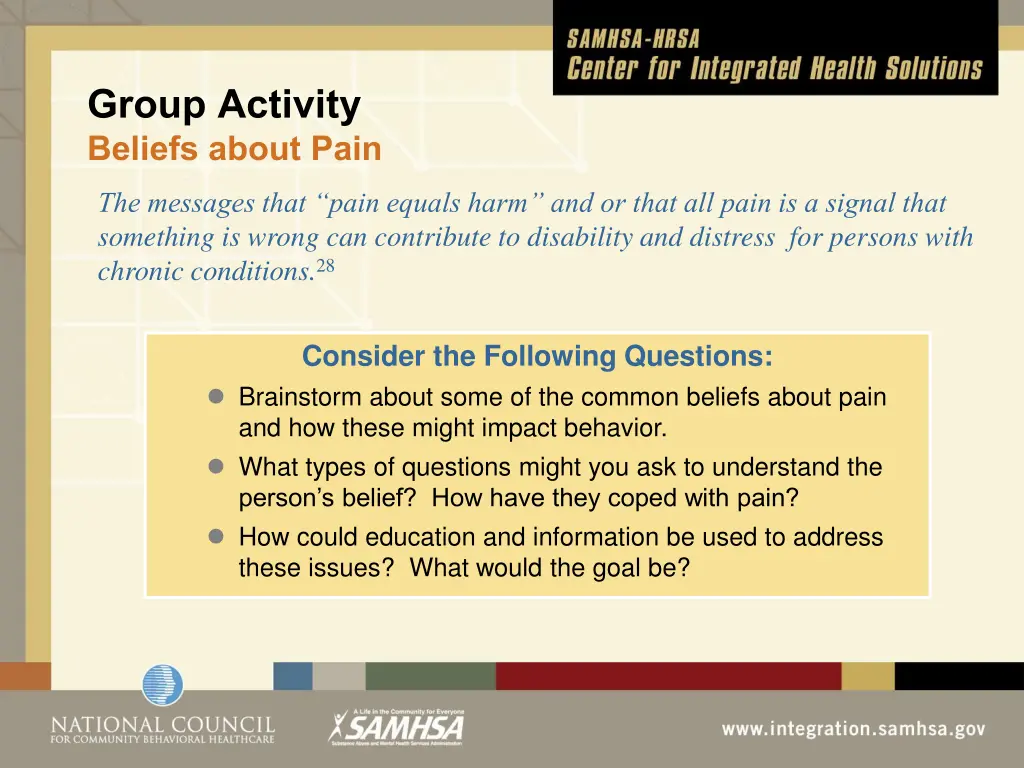 group activity beliefs about pain