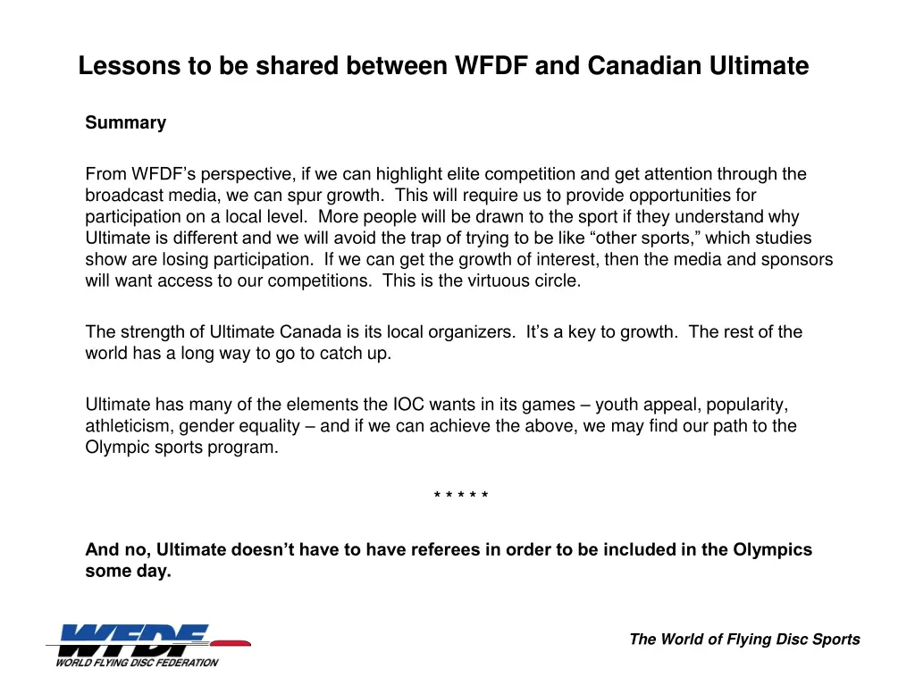 lessons to be shared between wfdf and canadian 6