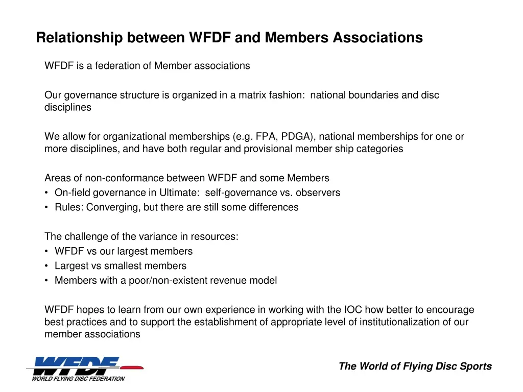 relationship between wfdf and members associations