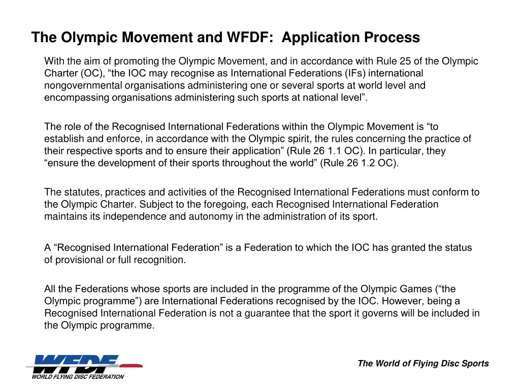 the olympic movement and wfdf application process