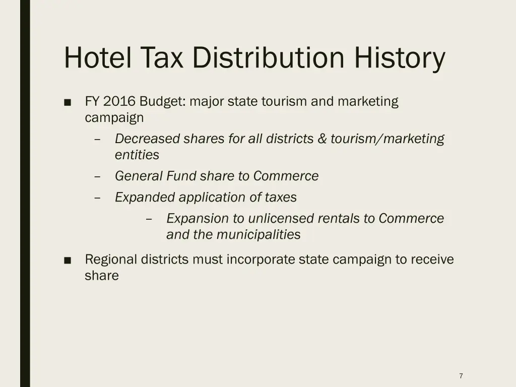 hotel tax distribution history