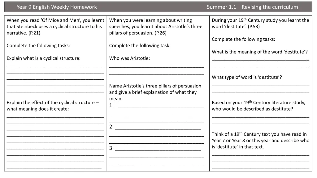 year 9 english weekly homework 1