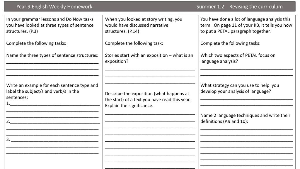 year 9 english weekly homework 2