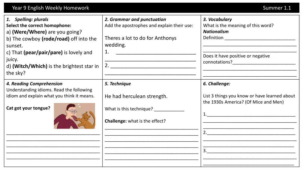 year 9 english weekly homework