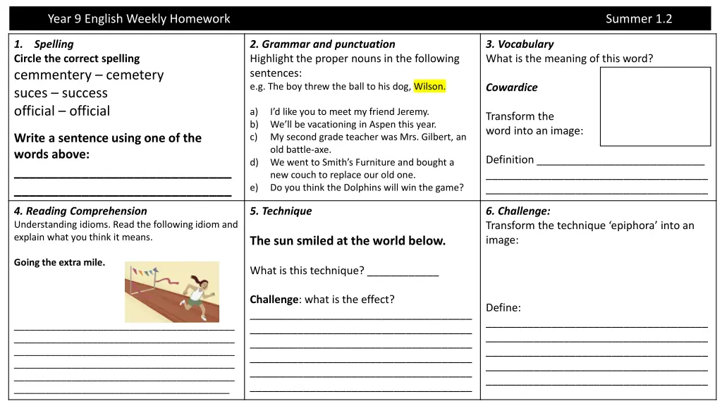 year 9 english weekly homework summer 1 2