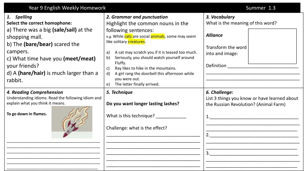 year 9 english weekly homework summer 1 3