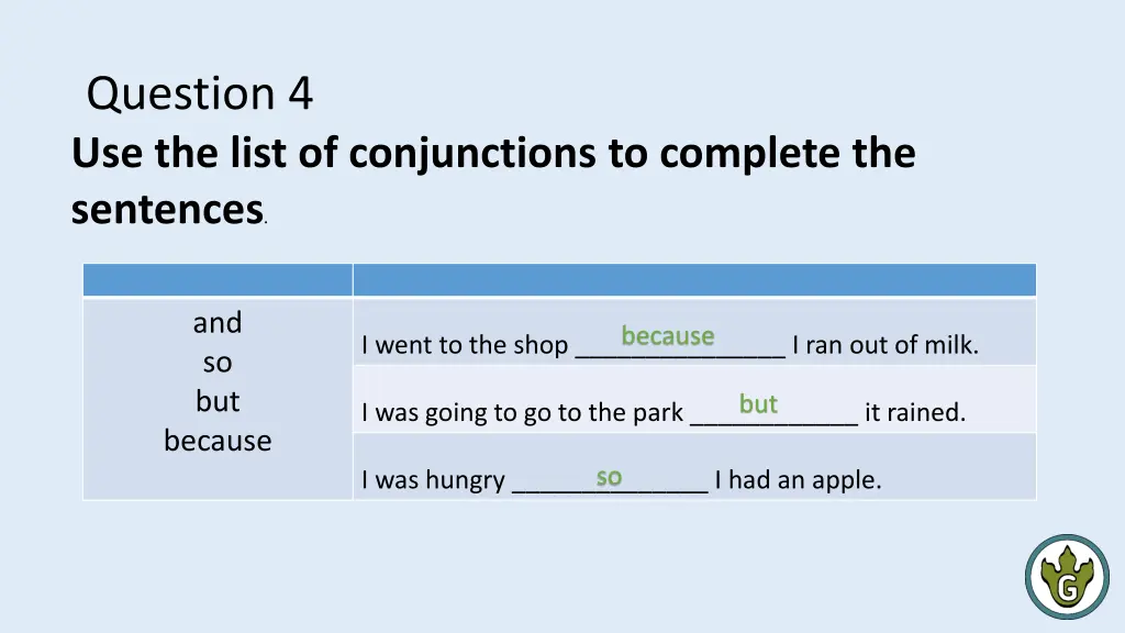 question 4 use the list of conjunctions