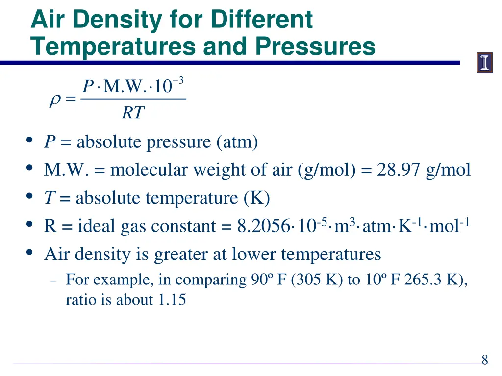 air density for different temperatures