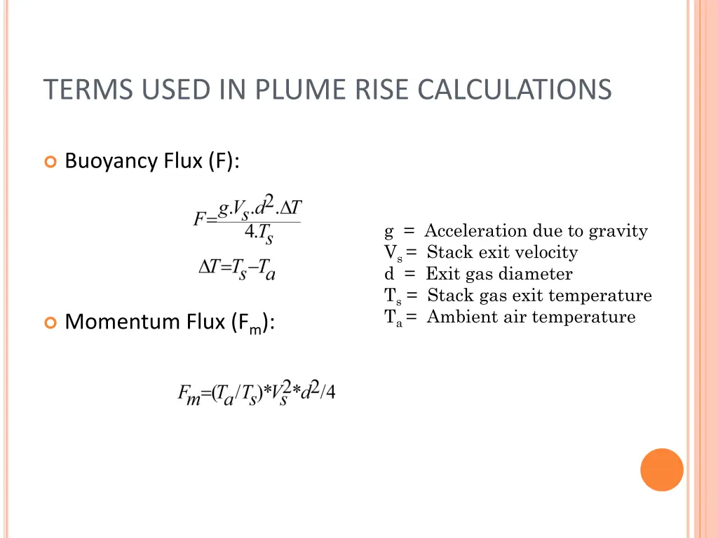 terms used in plume rise calculations