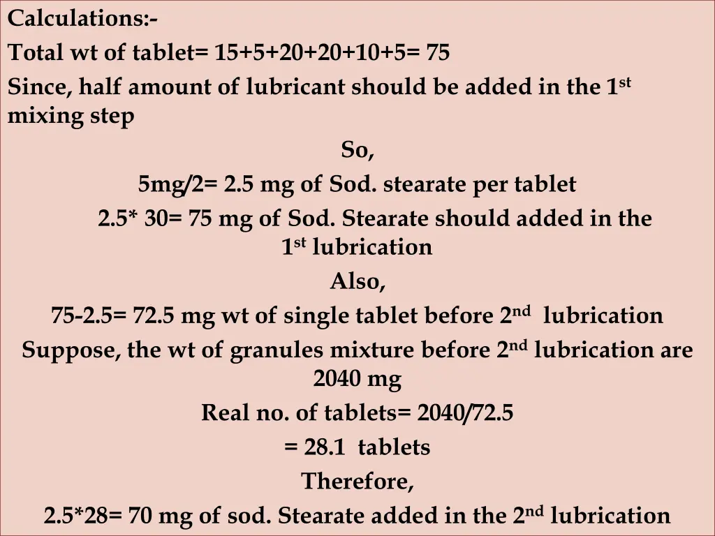 calculations total wt of tablet