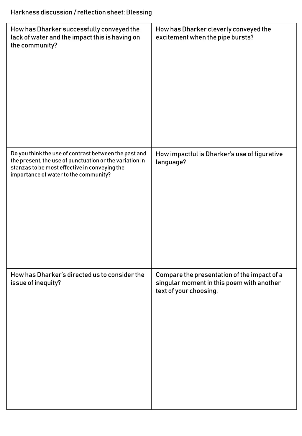 harkness discussion reflection sheet blessing