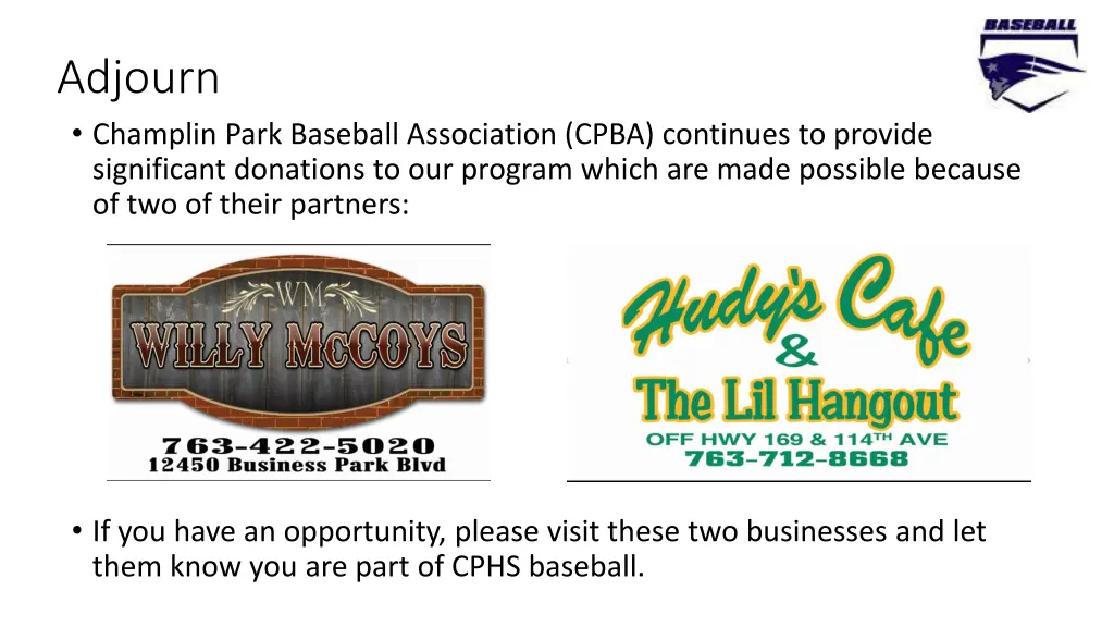 adjourn champlin park baseball association cpba