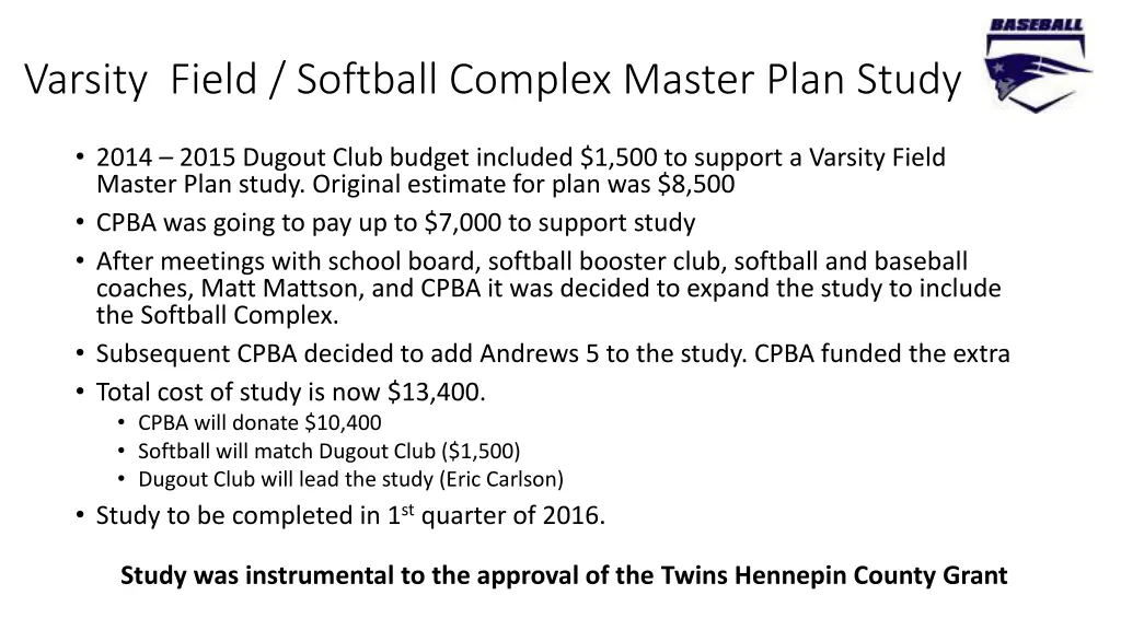 varsity field softball complex master plan study